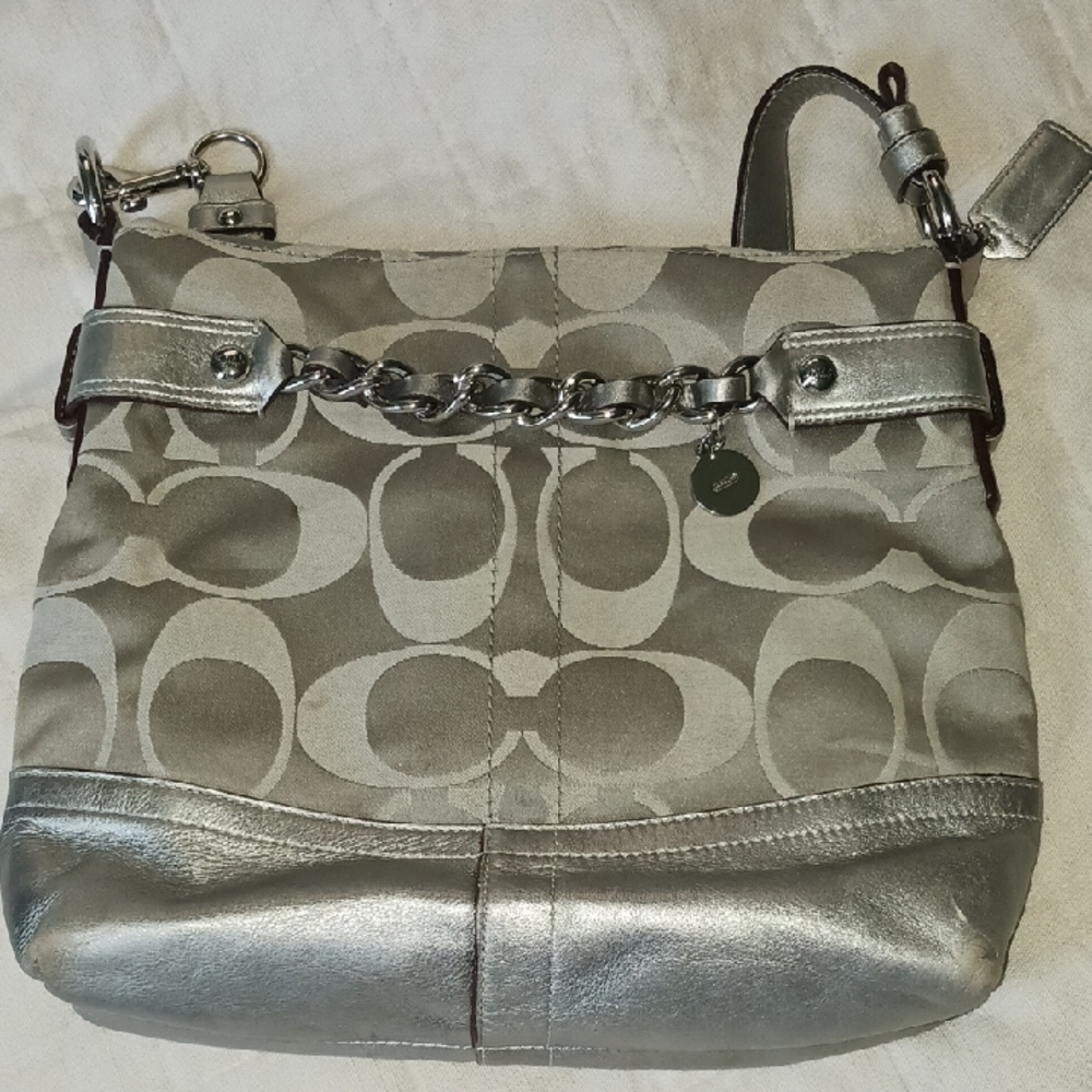 Coach F18862 Leather And Canvas Stylish Silver Women's Bag M